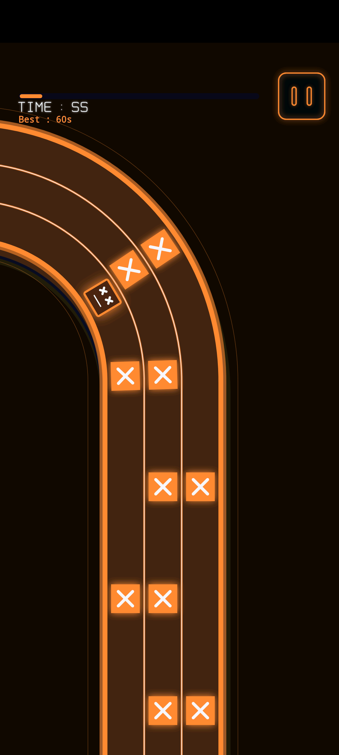 bloQus gameplay on an orange curved three-lane road
