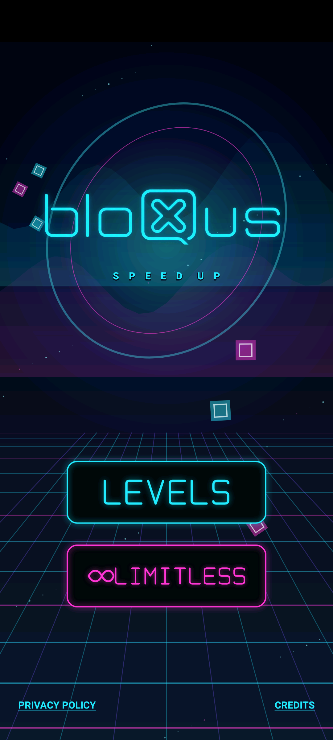 bloQus home screen with Levels and Limitless buttons